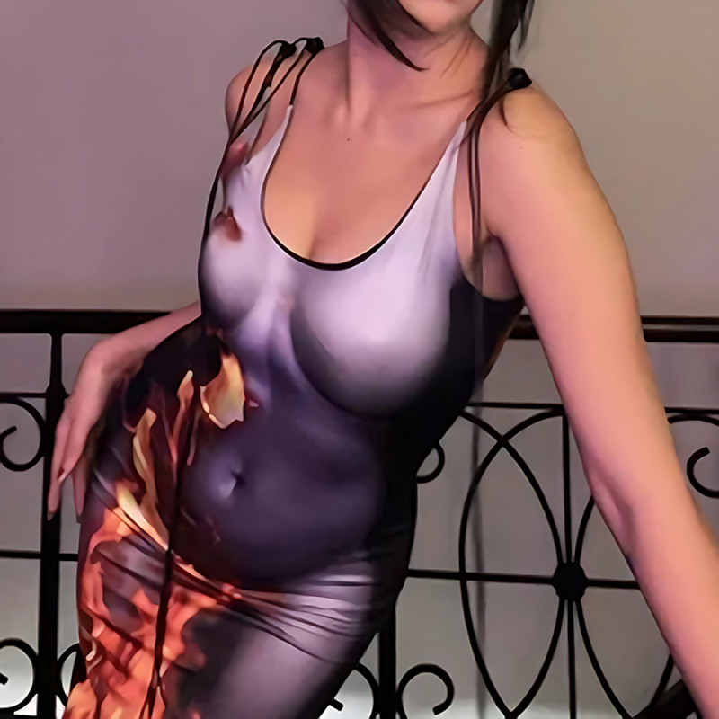 Women mid-Length Thin Strap Sleeveless 3D Printed Sexy Dress - AwwwCos