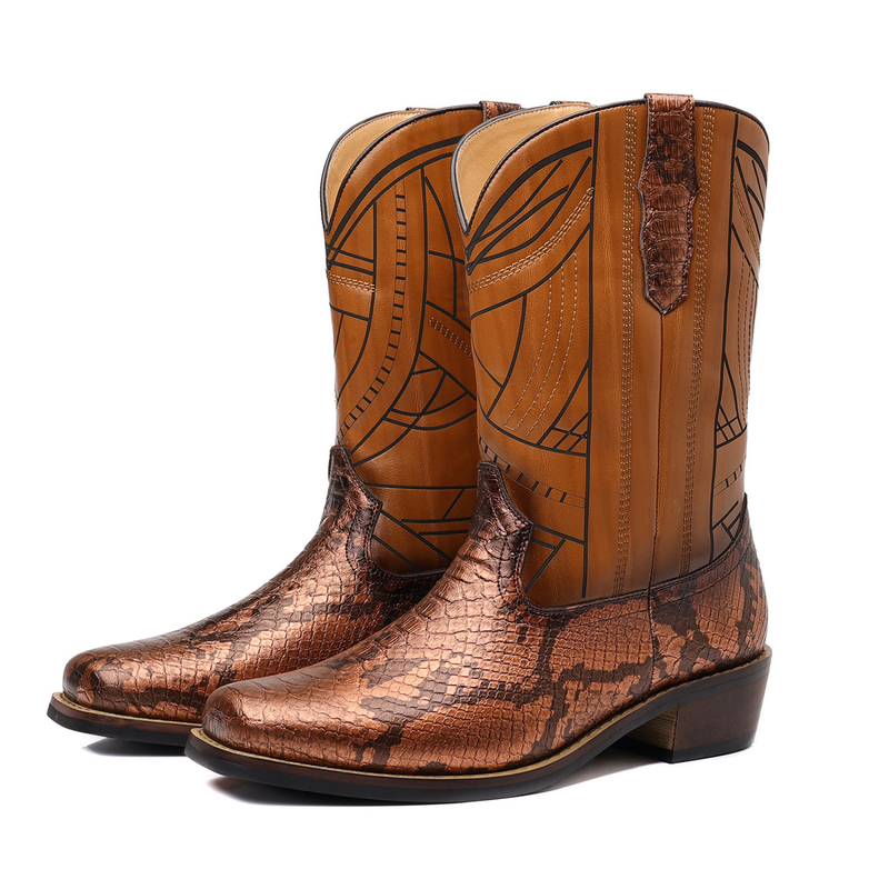 Wooden Sole Cowboy High Heel Snake Print Shoes Knight Men Boots - AwwwCos