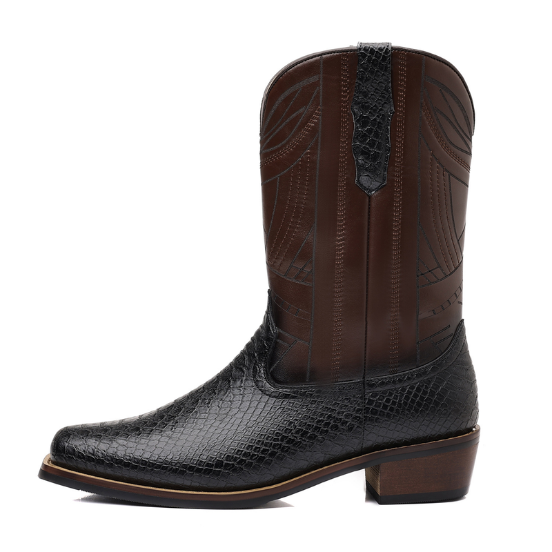 Wooden Sole Cowboy High Heel Snake Print Shoes Knight Men Boots - AwwwCos