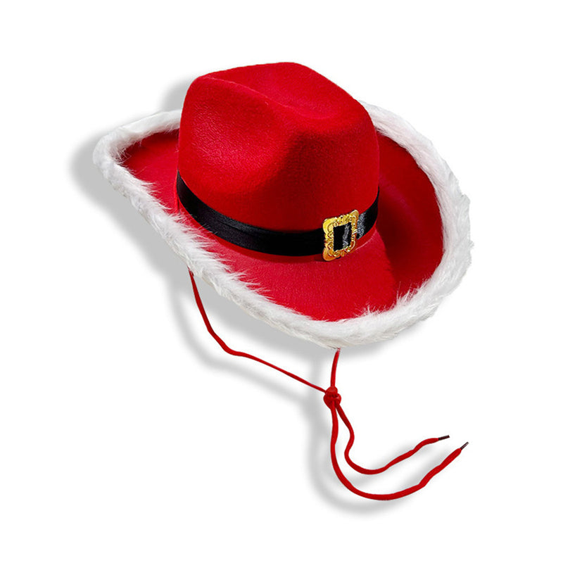 Christmas Hat Red Cowboy Hat White Beard Glasses Belt Gloves Set